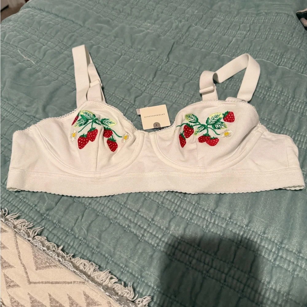 Anthropologie White Bra with Embroidered Red Strawberries